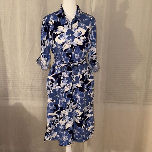 LuLaRoe S ELLIE Blue White Floral Long Sleeve A Line Midi Shirt Dress - Picture 10 of 16